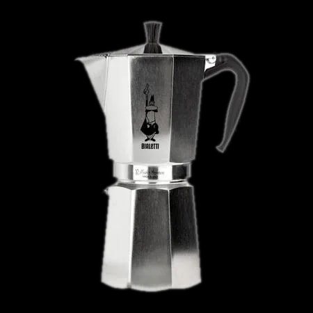 Kawiarka Bialetti Moka Express 18 tz, klasyczna aluminiowa kawiarka do przygotowywania kawy espresso, srebrna z czarnym uchwytem, idealna do parzenia kawy w tradycyjny włoski sposób.