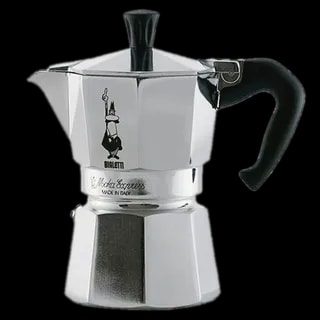 Srebrna kawiarka Bialetti Moka Express 3tz, z ergonomicznym czarnym uchwytem