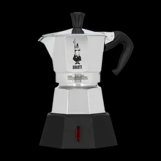 Srebrna kawiarka elektryczna Bialetti New Moka Elettrika, 2 filiżanki, kompaktowy model z czarną podstawą