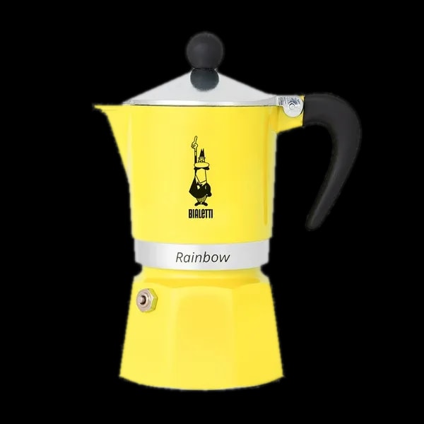 Żółta kawiarka Bialetti Rainbow 3tz na białym tle, tradycyjna włoska kawiarka do parzenia kawy, model Primavera, z czarnym ergonomicznym uchwytem i srebrnym wykończeniem, idealna do przygotowywania espresso w domu