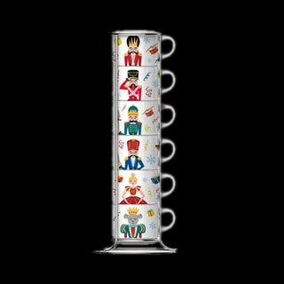 Zestaw 6 porcelanowych filiżanek Bialetti Nutcracker z motywami postaci z Dziadka do Orzechów, umieszczonych w praktycznym stojaku. Każda filiżanka ma unikalną, świąteczną ilustrację. Idealne do espresso, zestaw stanowi doskonały prezent i jest częścią limitowanej edycji inspirowanej świąteczną atmosferą.