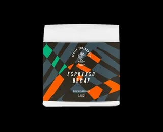Opakowanie kawy ziarnistej Bracia Ziółkowscy Espresso Decaf 1 kg w nowoczesnym, geometrycznym wzorze z dominującymi kolorami czarnym, pomarańczowym i zielonym.