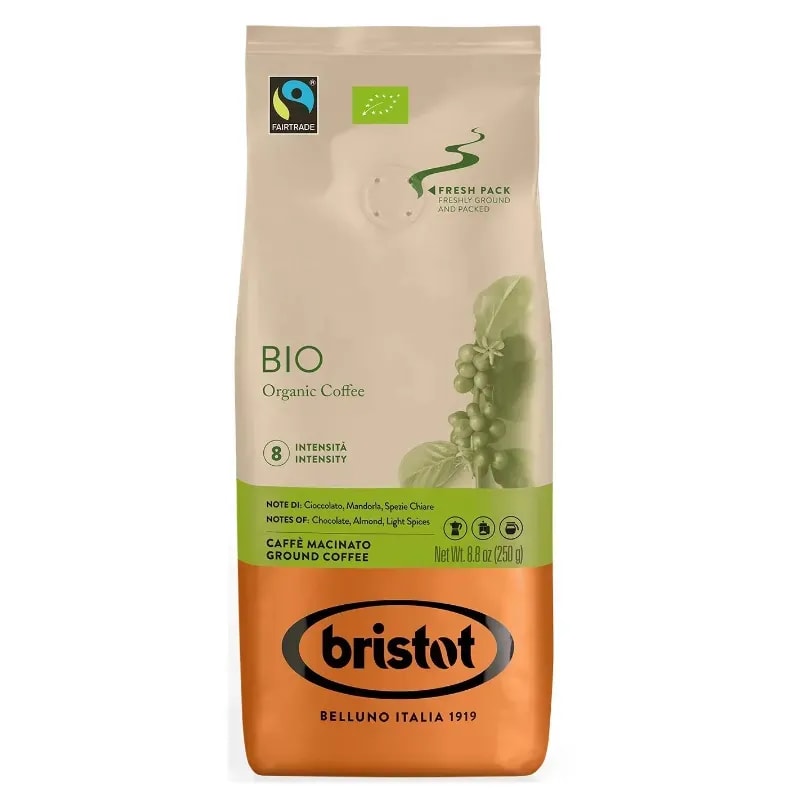 Opakowanie BIO Organic Coffee Bristot o wadze 250g zapewnia wyjątkowy smak kawy z nutami czekolady, migdałów i lekkich przypraw. Idealny wybór dla miłośników kawy szukających jakościowego, ekologicznego produktu z certyfikatem Fair Trade.