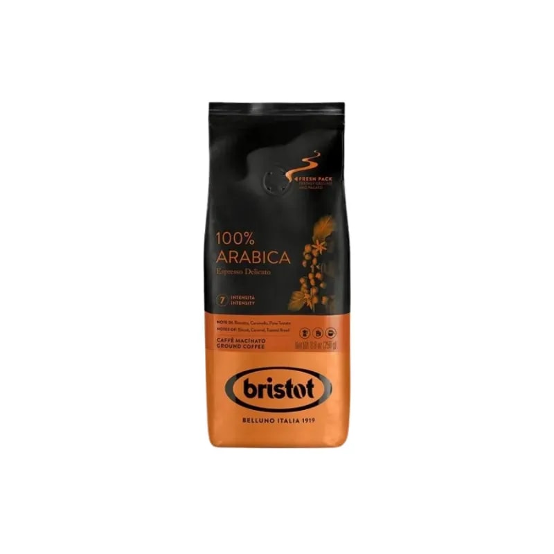 Opakowanie kawy Bristot 100% Arabica Espresso Delicato o wadze 250g, idealne dla miłośników delikatnego smaku. Kawa ta charakteryzuje się niską intensywnością oraz subtelnymi nutami owoców i karmelu, doskonała do espresso i nie tylko.
