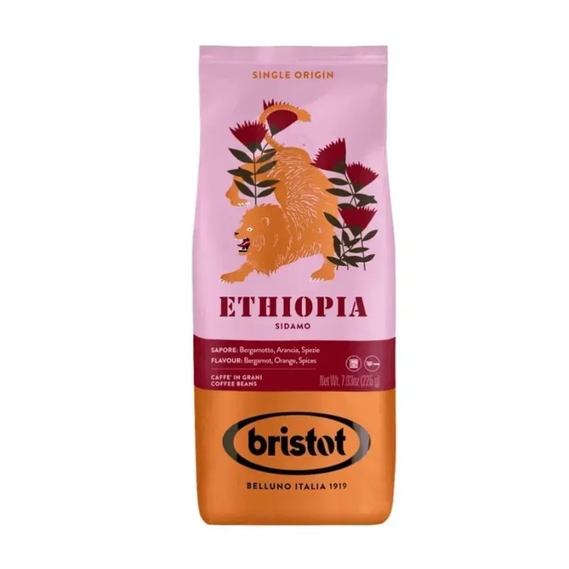 Opakowanie kawy z Etiopii Sidamo od marki Bristot, przedstawiające smakowite nuty bergamotu, oranżu i przypraw. Idealna do odkrywania unikalnych aromatów w każdej filiżance, doskonała dla miłośników wysokiej jakości kawy.