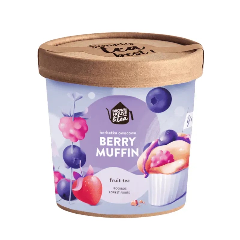 Opakowanie herbatki owocowej Berry Muffin z aromatem leśnych owoców, idealnej dla miłośników owocowych naparów. Zawiera rooibos, który nadaje jej wyjątkowy smak i aromat, doskonała do relaksu lub w towarzystwie słodkości.