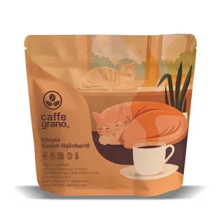 Opakowanie kawy Etiopia Gedeb Halloberiti marki Caffe Grano przedstawia aromatyczną mieszankę o nutach owoców leśnych, kakao oraz karmelu. Idealna do przygotowania w domowym zaciszu, zachwyci miłośników kawy swoim niepowtarzalnym smakiem i aromatem.