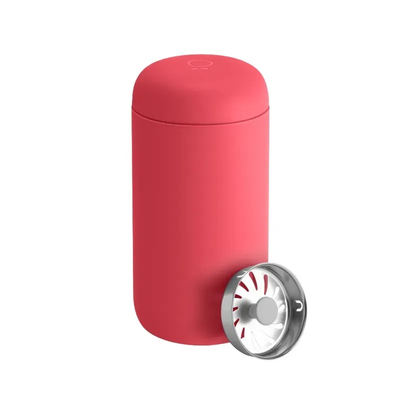 Pojemnik na kawę w modnym różowym kolorze, idealny do przechowywania świeżo mielonej kawy lub herbaty. Jego elegancki design i szczelne zamknięcie zachowują aromat napoju, co sprawia, że jest idealnym akcesorium dla miłośników kawy.