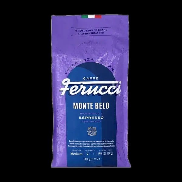 Fioletowe opakowanie kawy Ferrucci Monte Belo, 1000g, z białym napisem 'Espresso' i flagą włoską na górze