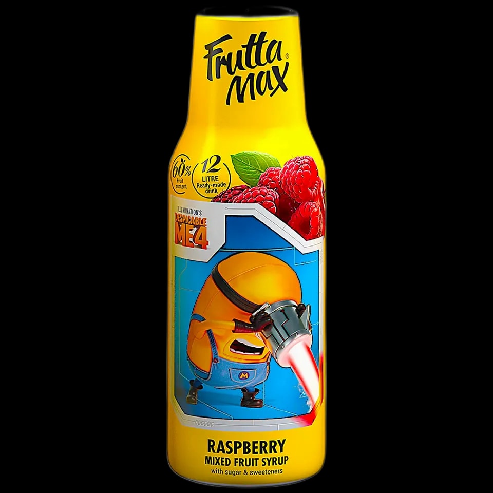 Frutta Max Minions Raspberry – syrop owocowy o intensywnym smaku malin, inspirowany filmem "Despicable Me 4". Zawiera 60% owoców, wzbogacony cukrem i słodzikami, idealny do przygotowania 12 litrów napoju. Na etykiecie znajduje się postać Minionka, co sprawia, że produkt jest atrakcyjny zarówno dla dzieci, jak i dorosłych.
