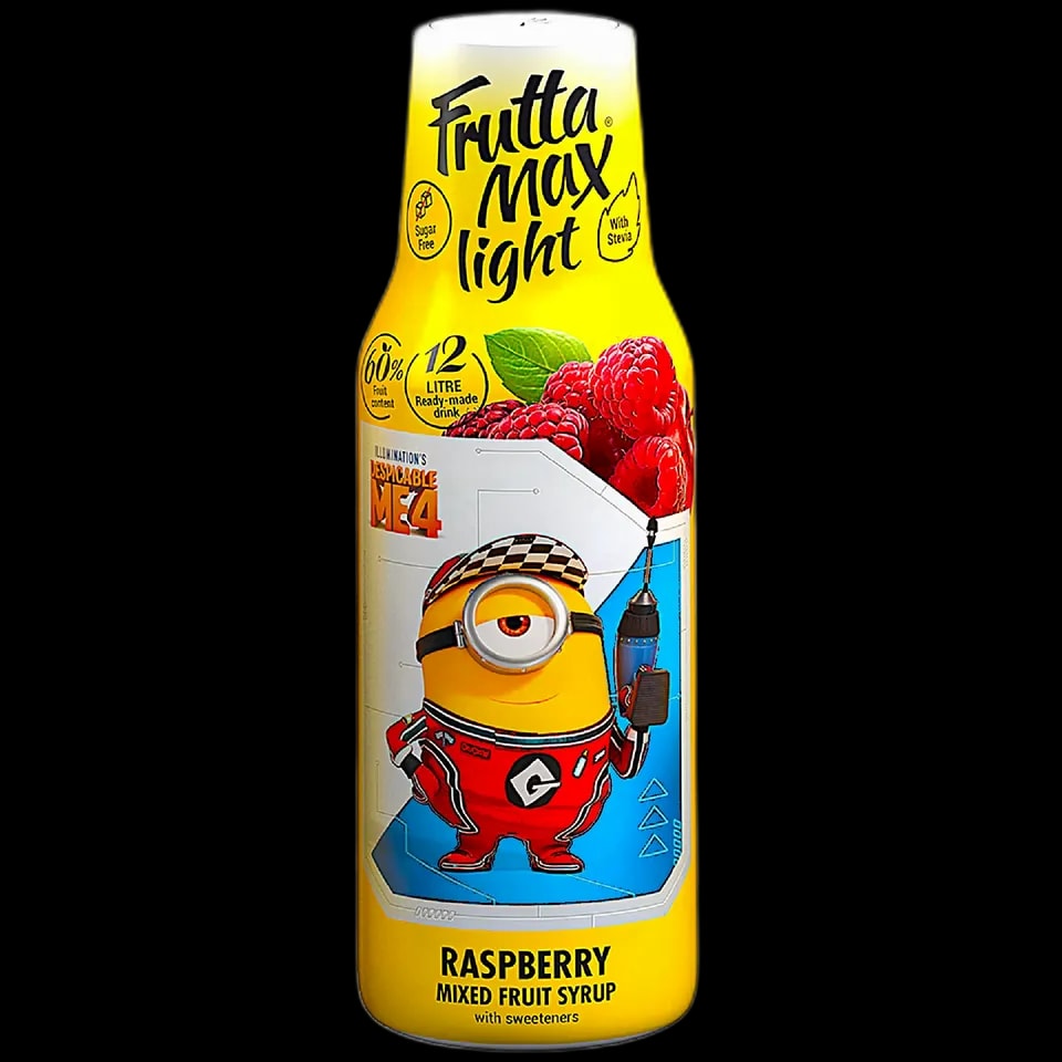 Frutta Max Minions Raspberry Light – syrop owocowy o smaku malin, bez dodatku cukru, słodzony stewią. Zawiera 60% owoców, idealny do przygotowania 12 litrów napoju. Produkt inspirowany filmem "Despicable Me 4", z wizerunkiem Minionka na etykiecie. Doskonały wybór dla osób szukających lekkiej, niskokalorycznej alternatywy do napojów.