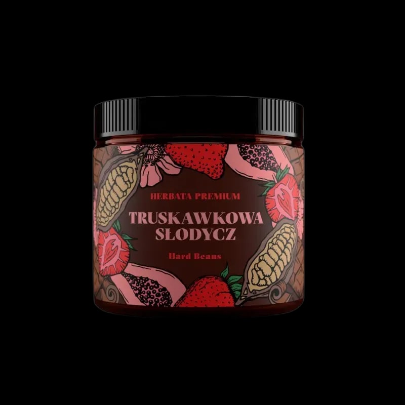 Szklany słoik herbaty czarnej Hard Beans „English Breakfast” o pojemności 50 g. Ciemnoczerwone opakowanie z ilustracjami liści herbaty, czajników, filiżanek i croissantów w stylu retro. Napis „Herbata Premium” oraz „Hard Beans” na etykiecie.