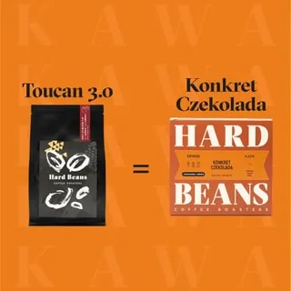 Na zdjęciu prezentowane są opakowania kawy Toucan 3.0 oraz Konkret Czekolada od Hard Beans Coffee Roasters. Doskonałe połączenie smaków sprawia, że te produkty są idealnym wyborem dla miłośników kawy i słodkości, doskonale wpisując się w ofertę naszego sklepu internetowego.