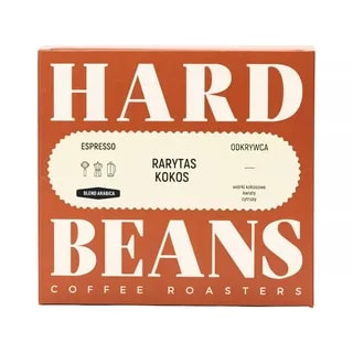 Opakowanie kawy espresso Rarytas Kokos od Hard Beans, wyróżniające się nutami kokosa oraz cytrusów. Idealny wybór dla miłośników aromatycznych kaw, łączący w sobie najwyższej jakości ziarna Arabiki.