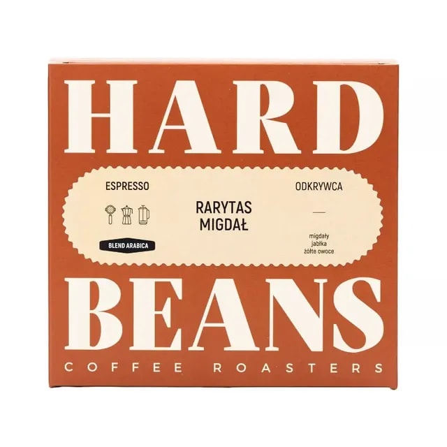 Opakowanie rzadkiej kawy espresso Rarytas Migdał od Hard Beans, wyróżniającej się smakiem migdałów, jabłek i żółtych owoców. Idealna dla miłośników kawy, którzy cenią unikatowe doznania smakowe i wysoką jakość arabiki.