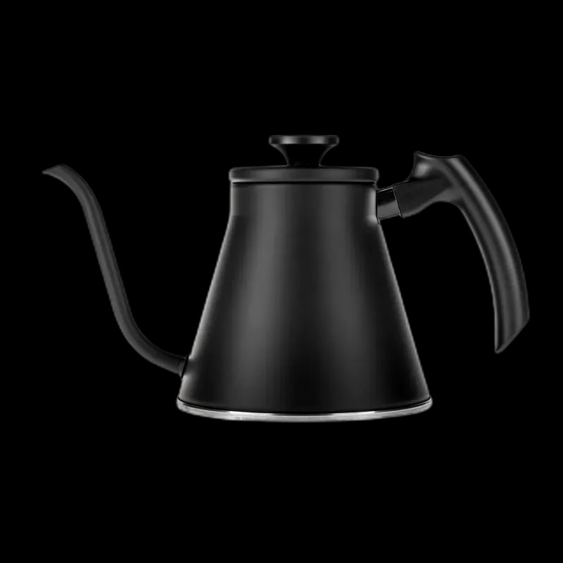 Stylowy czarny czajnik Hario V60 Drip Kettle Fit z precyzyjną wylewką typu „gooseneck”, idealny do metod przelewowych. Ergonomiczny uchwyt i wyważona konstrukcja zapewniają pełną kontrolę nad strumieniem wody, co ułatwia precyzyjne parzenie kawy.