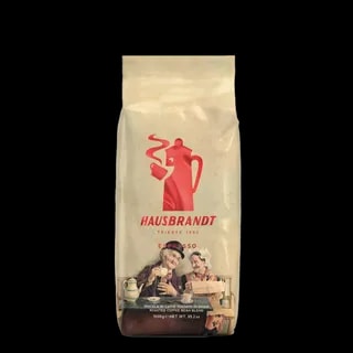 Kawa ziarnista Hausbrandt Espresso 1kg w eleganckim beżowym opakowaniu z czerwoną grafiką i wizerunkiem starszej pary na dole