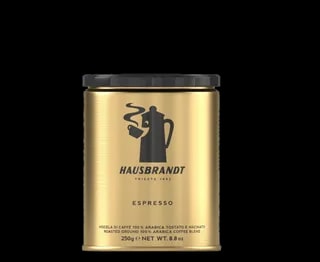 Puszka mielonej kawy Hausbrandt Espresso w złotym opakowaniu z czarną grafiką dzbanka i napisami