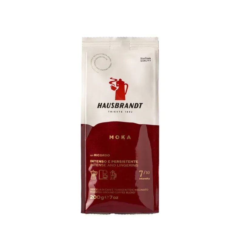 Opakowanie kawy mielonej Hausbrandt Moka o wadze 200g, które oferuje głęboki, intensywny smak z nutą słodyczy. Idealna do przygotowania aromatycznej kawy w kawiarce, dla prawdziwych miłośników włoskiej kultury kawowej.