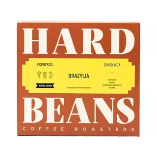 Opakowanie kawy espresso z Brazylii marki Hard Beans, zawierające ziarna Samambaia Yellow Bourbon. Idealne dla miłośników aromatycznej kawy z nutą czerwonych jabłek i orzechowych ciasteczek.