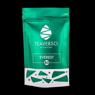 Opakowanie herbaty Teaverso Everest w zielonym woreczku z logo Teaverso i napisem 'my cup of tea'.