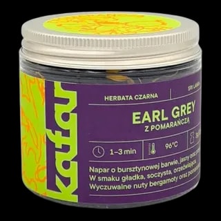 Herbata czarna Earl Grey z pomarańczą od Kafar w stylowym szklanym słoiczku z metalową zakrętką. Intensywny aromat bergamotki i pomarańczy, idealny na codzienną chwilę relaksu. Herbata pochodzi z Sri Lanki, wyróżnia się gładkim i soczystym smakiem. Produkt premium dla miłośników herbat o wyrazistym charakterze.