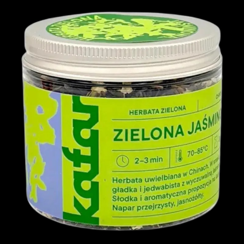 Herbata zielona jaśminowa od Kafar w eleganckim szklanym słoiczku z metalową zakrętką. Subtelny aromat jaśminu oraz delikatny, gładki smak charakterystyczny dla zielonej herbaty. Idealna do przygotowania naparu o przejrzystej, jasnożółtej barwie. Doskonała propozycja dla miłośników herbat z nutą kwiatową, polecana na chwilę relaksu i odprężenia.