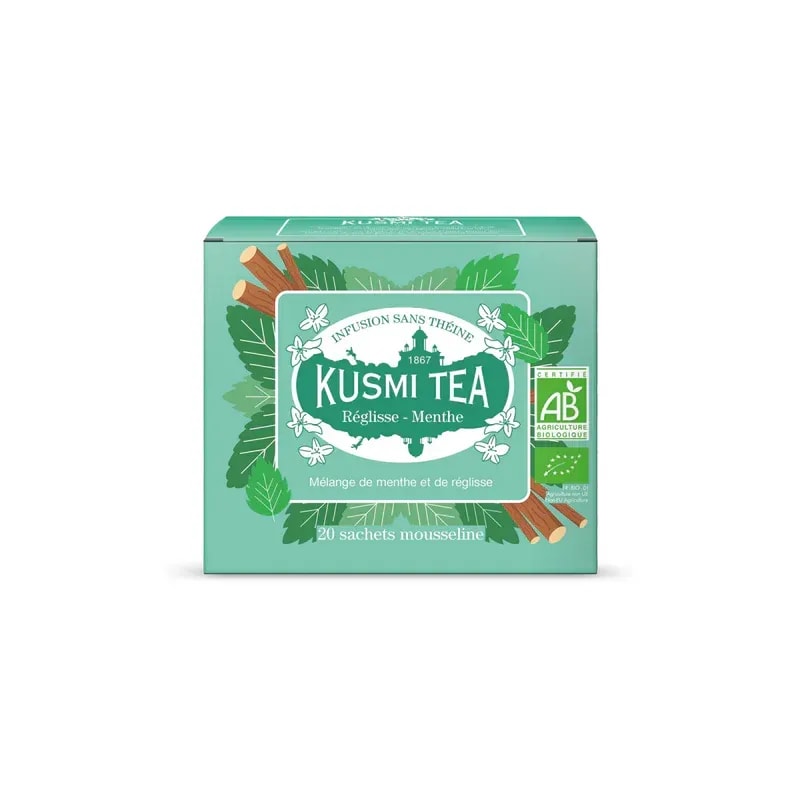Opakowanie herbata Kusmi Tea o smaku lukrecji i mięty, zawierające 20 saszetek. Idealna dla miłośników aromatycznych naparów, doskonała na relaksujące chwile.