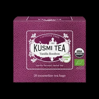 Fioletowe pudełko herbaty Kusmi Tea Vanilla Rooibos z napisem "Caffeine Free" i "Organic Tea." Zawiera herbatę rooibos o smaku waniliowym, w formie 20 piramidek z certyfikatem USDA Organic oraz unijnym certyfikatem ekologicznym. Elegancka grafika z motywem wanilii.