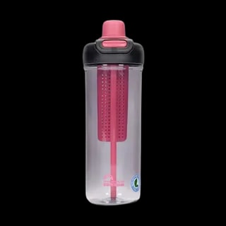 Czarny bidon Majestic Sport Zoya o pojemności 950 ml. Przezroczysty korpus wyposażony w różowy wkład filtrujący umożliwia aromatyzowanie wody owocami lub ziołami. Posiada wygodne, szczelne zamknięcie typu "click-lock" z różowym akcentem oraz ergonomiczny kształt dla lepszego chwytu. Idealny do aktywnego stylu życia, na siłownię, wycieczki lub do codziennego użytku.