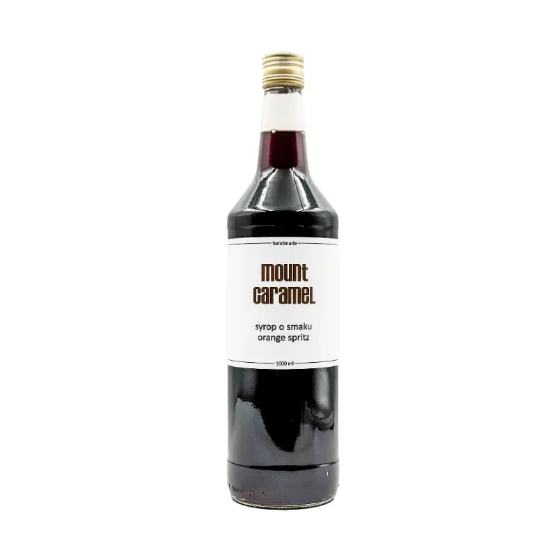 Szklana butelka syropu Mount Caramel o smaku orange spritz, idealna do kawy i napojów. Produkt ręcznie robiony, doskonały do wzbogacenia smaków zimnych i gorących napojów, dostępny w sklepie internetowym.