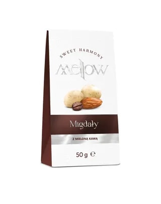 Opakowanie migdałów Mellow z mieloną kawą 50g – połączenie chrupiących orzechów i intensywnego aromatu kawy, dostępne w sklepie Coffee Selection jako idealna słodka przekąska do filiżanki espresso lub latte.