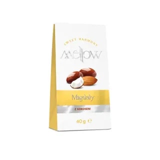 Opakowanie migdałów z kokosem Mellow w eleganckim designie, ważące 40g, idealne na zdrową przekąskę. Doskonałe połączenie słodkiego smaku kokosa i chrupiących migdałów, które wzbogacą każdą chwilę relaksu przy kawie lub herbacie.