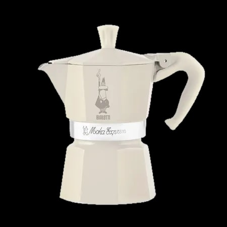 Elegancka kremowa kawiarka Bialetti Moka Express z kolekcji Wonderland, o pojemności 3 filiżanek, z subtelnym logo Bialetti. Idealna do parzenia aromatycznej, tradycyjnej kawy na kuchenkach gazowych i elektrycznych.