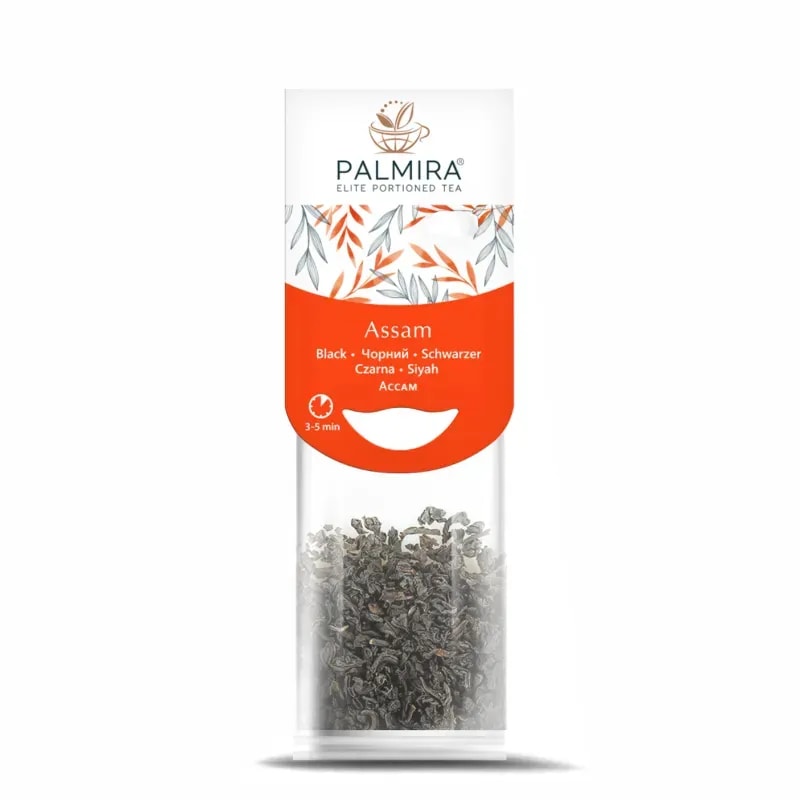 Na zdjęciu znajduje się opakowanie herbaty czarnej Assam marki Palmira, które oferuje eleganckie porcje do parzenia. Produkt charakteryzuje się intensywnym smakiem i aromatem, idealny dla miłośników herbaty szukających wyjątkowego doznania smakowego.