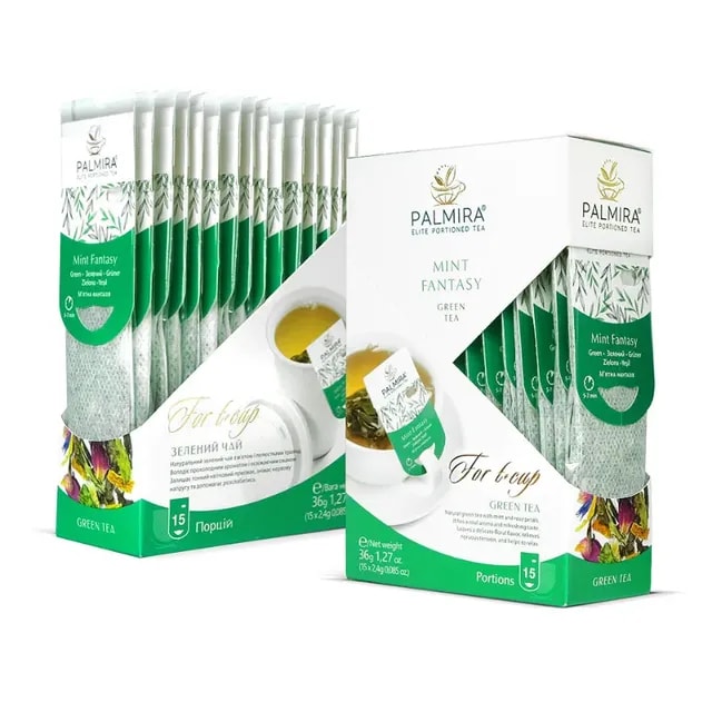 Opakowanie zielonej herbaty Palmira Mint Fantasy, zawierające 15 porcji aromatycznej mieszanki z miętą. Idealne dla miłośników świeżych naparów, które doskonale orzeźwiają i poprawiają samopoczucie.