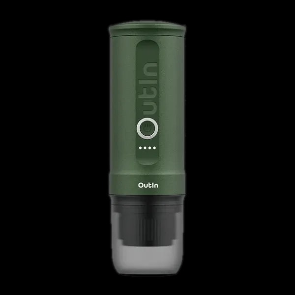 Przenośny ekspres do kawy Outin Nano Espresso Maker w kolorze zielonym, na białym tle. Kompaktowy i lekki design, idealny do przygotowywania espresso w podróży, wyposażony w łatwy w obsłudze mechanizm oraz wytrzymałą konstrukcję