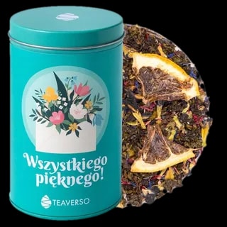 Herbata zielona w ozdobnej puszce z motywem kwiatowym, mieszanka 'Wszystkiego Pięknego' od Teaverso