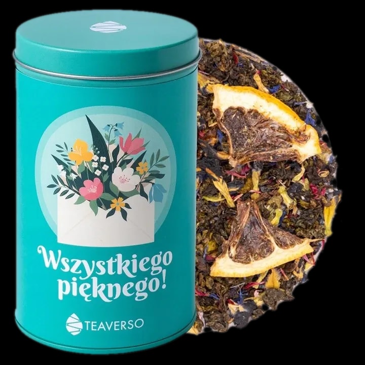 Herbata zielona w ozdobnej puszce z motywem kwiatowym, mieszanka 'Wszystkiego Pięknego' od Teaverso