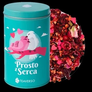 Herbata owocowa w ozdobnej puszce z motywem ptaszków, mieszanka owocowa 'Prosto z Serca' od Teaverso