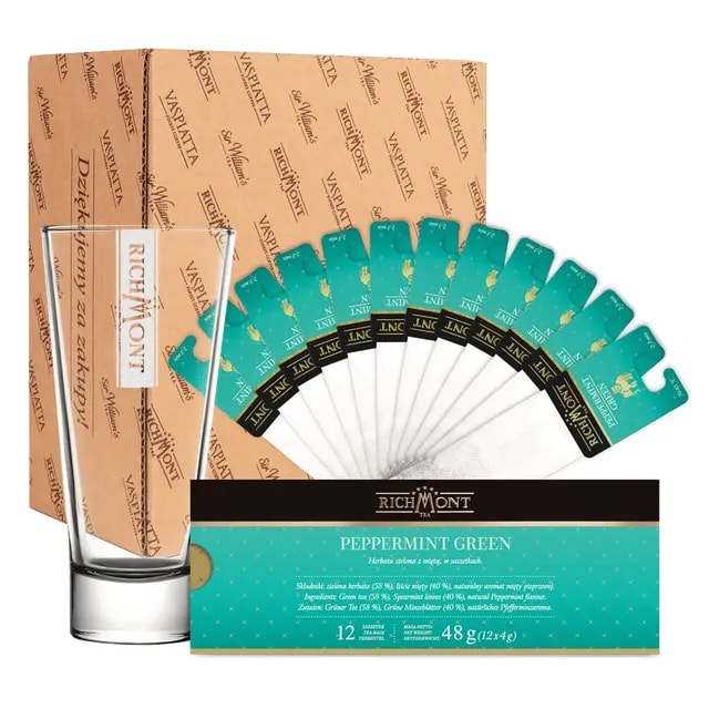 Zestaw herbat Richmont Peppermint Green – 12 saszetek herbaty zielonej z miętą oraz elegancka szklanka, idealne do przygotowania orzeźwiającej Ice Tea, dostępne w sklepie Coffee Selection.