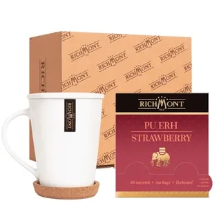 Zdjęcie zestawu herbaty Pu Erh Strawberry od Richmont, który zawiera elegancką filiżankę oraz opakowanie 40 saszetek. Idealny do relaksu, ten produkt wzbogaci każdą chwilę z aromatyczną herbatą, cieszącą się rosnącą popularnością wśród miłośników naparów.