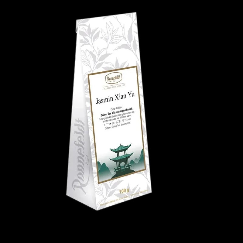 Opakowanie herbaty zielonej Ronnefeldt Jasmin Xian Yu, 100g. Herbata o delikatnym jaśminowym smaku, pochodzi z Chin. Idealna do relaksującego naparu.