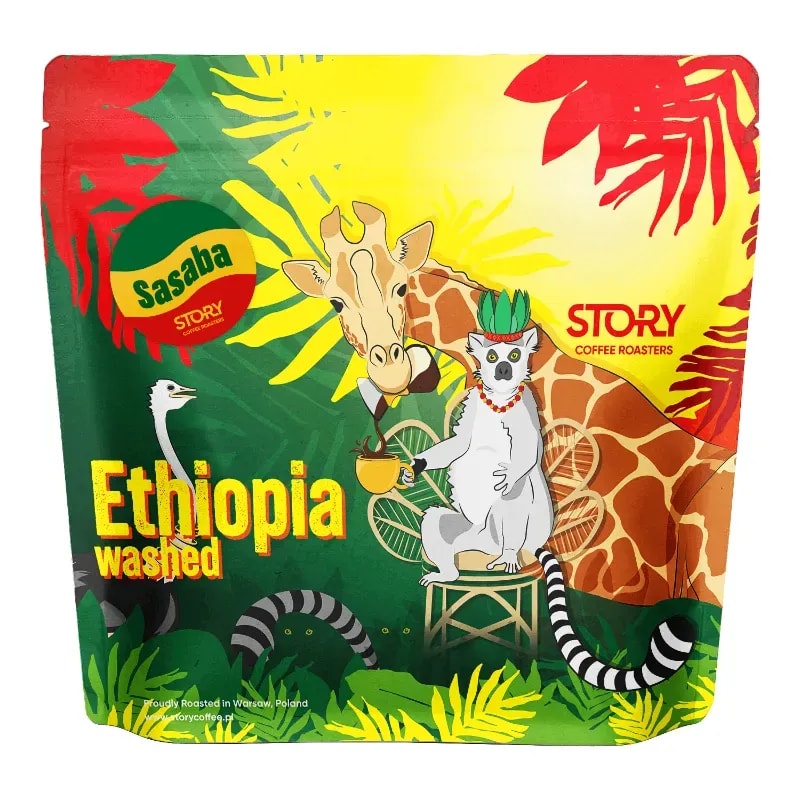 Opakowanie kawy Sasaba Ethiopia Washed o wadze 250g, charakteryzujące się kolorową grafiką z motywem zwierząt i tropikalnych roślin. Idealna dla miłośników aromatycznych, etiopskich kaw, która doskonale nadaje się do parzenia zarówno w ekspresie, jak i metodami alternatywnymi.