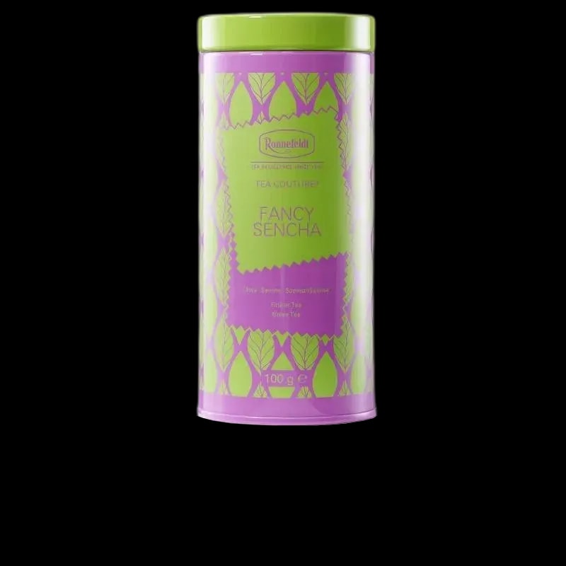 Zielona herbata Ronnefeldt Tea Couture Fancy Sencha w stylowej puszce o kolorach zielono-fioletowych, pojemność 100 g. Subtelny smak i orzeźwiający aromat.