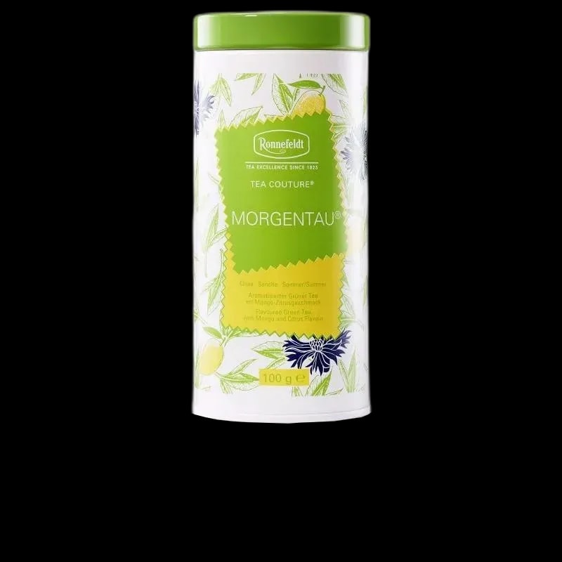 Biała puszka z herbatą Ronnefeldt Tea Couture Morgentau o pojemności 100 g. Delikatna zielona herbata Sencha z Chin, aromatyzowana smakiem mango i cytrusów, idealna na letnie popołudnia.