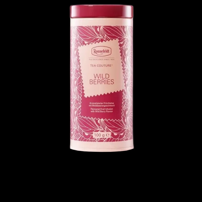 Różowa puszka herbaty Ronnefeldt Tea Couture Wild Berries o pojemności 100 g. Aromatyzowana herbata owocowa z intensywnym smakiem leśnych jagód, idealna na chwilę relaksu.