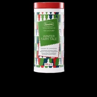 Zimowa puszka herbaty Ronnefeldt Tea Couture Winter Fairy Tale o pojemności 100 g. Aromatyzowana czarna herbata z przyprawami korzennymi oraz smakiem pomarańczy i cynamonu, idealna na zimowe wieczory.