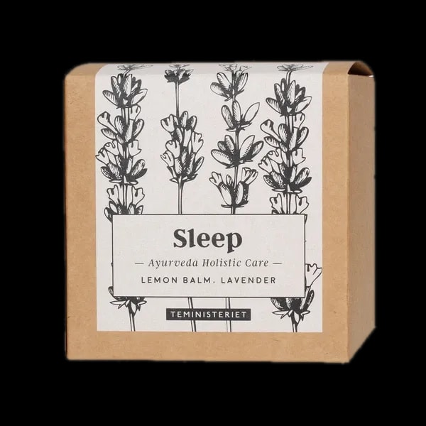Opakowanie herbaty Teministeriet Ayurveda Sleep Organic o wadze 50g, na białym tle. Ziołowa mieszanka zawierająca melisę i lawendę, zapakowana w ekologiczne kartonowe opakowanie z minimalistycznym wzorem roślin