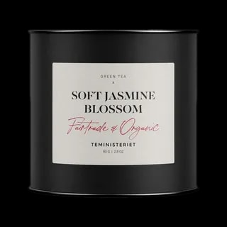 Puszka herbaty Teministeriet Soft Jasmine Blossom o wadze 80g, na białym tle. Organiczna zielona herbata o delikatnym smaku
